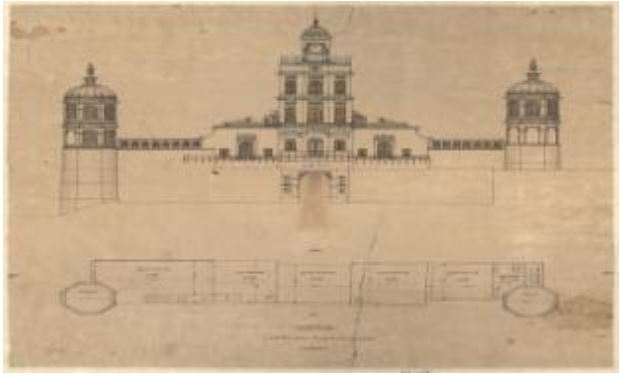 This is an archival map of the proposed additional construction and adornment plan for Badi Pol with a Clock Tower; it was prepared during reign of Maharana Swarup Singh (r. 1842-1861 CE.)