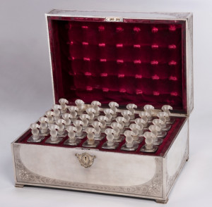 Silver Attar/ perfume box with crystal-cut bottles | René Lalique | Silver, glass, cloth, wood |1930 CE | CPMU 2014.29.0167 